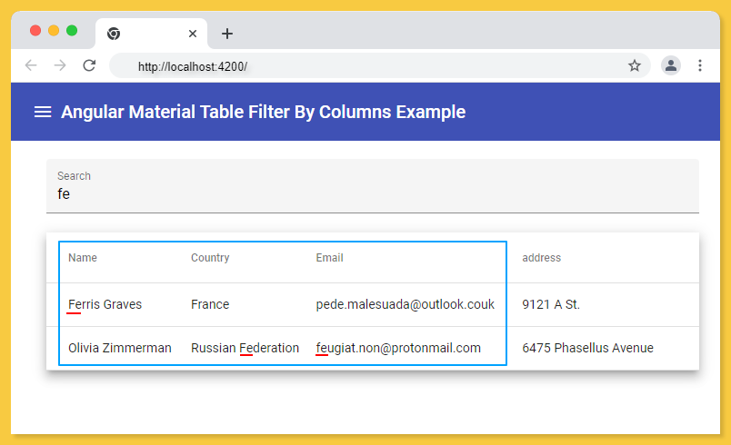 angular material table filter by columns